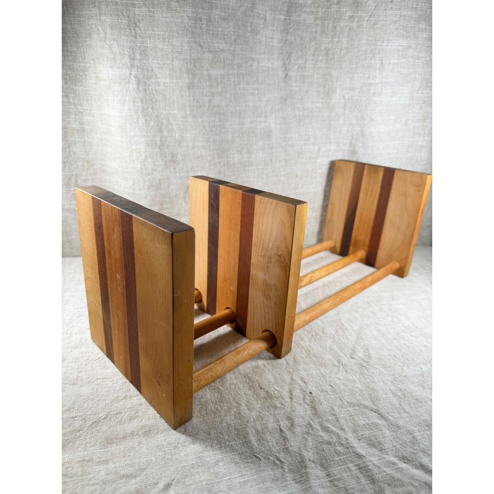 Vintage MCM Mixed Wood Expandable Bookrack, Adjustable Bookends